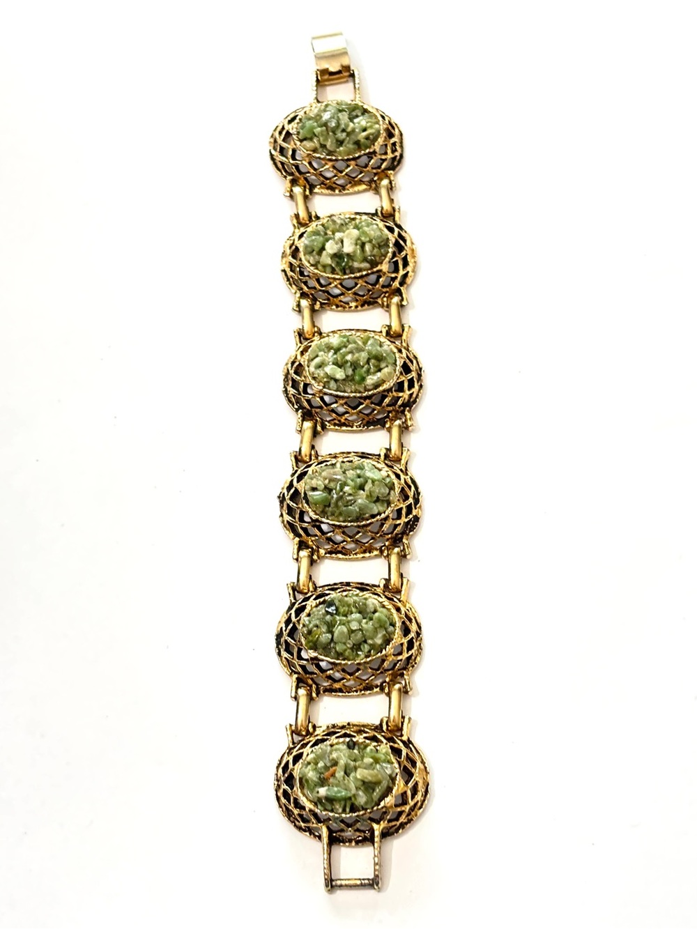 Vintage 1960s Century Signed Jade Chip Gold Tone Panel Link Bracelet Statement